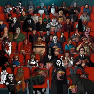 a painting of people sitting in a movie theater Halloween Movie Characters Cool Horror Movies, Famous Horror Movie Posters, Horror Tv Shows, dark slate gray