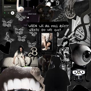 a collage of black and white images with cats, people, and other things Halloween Billie Eilish Billie Eilish Aesthetic, Blohsh Billie, Halloween, black