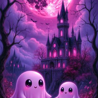 two halloween ghostes standing in front of a castle with a full moon behind them Pink And Purple Halloween Halloween Iphone Backgrounds, Halloween Cute, Purple Vibe, dark slate blue