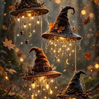 three witches hats hanging from strings in the woods with lights strung around them and leaves on the ground Halloween Witch Hat dark olive green