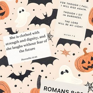 a bunch of halloween themed papers with some words on them and pumpkins in the background Cute Christian Halloween I Will Rise, Christian Halloween, Bible, Give Me Strength, antique white