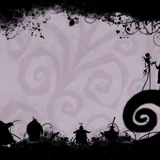the silhouettes of people standing in front of a purple background with swirly designs Halloween Tim Burton Nightmare Before Christmas Laptop Backgrounds, Nightmare Before Christmas Computer, The Nightmare Before Christmas Computer, dark gray