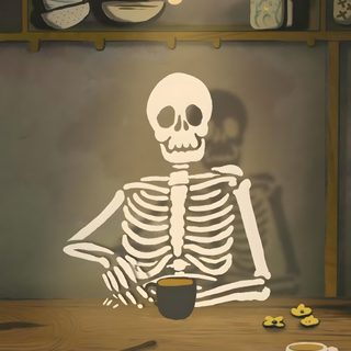 a skeleton sitting at a table with a cup of coffee in front of it, Funny Halloween Gif Animated Skeleton Art, Animated Skeleton, Fun Skeleton Animation Inspiration, dark olive green
