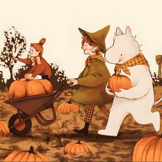 an image of two children in the pumpkin patch with a dog pulling a wheelbarrow Moomin Halloween Moomin Fall, Moomin Halloween, Moomin Autumn, Moomin Pumpkin, Pumpkin Patch Drawing, peru