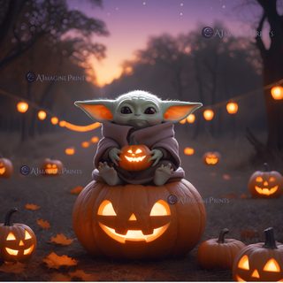 a baby yoda sitting on top of a pumpkin with jack - o'- lanterns in the background Baby Yoda Halloween Halloween Inspo, Yoda Ghost, Baby Yoda Halloween Gif, dark slate gray