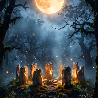 an image of a full moon in the night sky above some rocks and trees with fireflies on them Halloween Celtic Mystical Halloween, Art Therapy Projects, Mystic Illustration, Moon Magic, dark slate gray