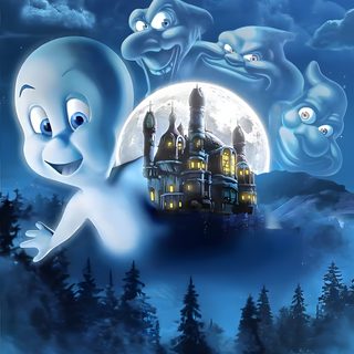 an animated ghost with a castle in the background Casper Halloween dark slate blue