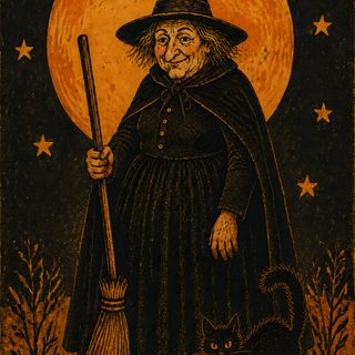 an old witch holding a broom and standing next to a black cat Vintage Halloween Witch black