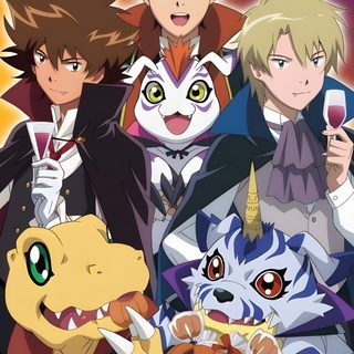 an anime poster with many different characters and their name in the middle one is holding a wine glass Digimon Halloween Renamon X Takato, Digimon The Movie, Digimon Adventure Season 3, gray
