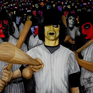 a painting of a baseball player holding a bat in front of a crowd of people Baseball Halloween Baseball Furies Makeup, The Shining Baseball Bat, Baseball Furies Tattoo, dark olive green