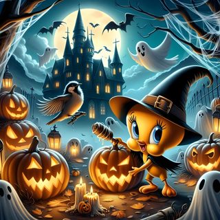 a cartoon cat dressed as a witch with pumpkins and bats in front of a castle Tweety Bird Halloween Best Cartoon Characters, Happy Halloween Pictures, Image Halloween, dim gray