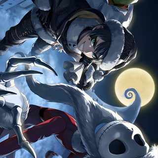 an image of two people riding on the back of some white animals in front of a full moon Twisted Wonderland Halloween Twisted Wonderland Jack Cards, Oogie Boogie Twisted Wonderland, Deuce, dark slate gray