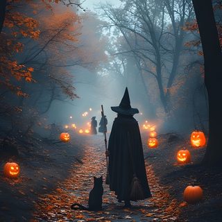 a group of people walking down a road with pumpkins on the ground and one person dressed as a witch Halloween Season Of The Witch Spooky Halloween Scene, Halloween Scenery Pictures, Witches Road Aesthetic, dark slate gray