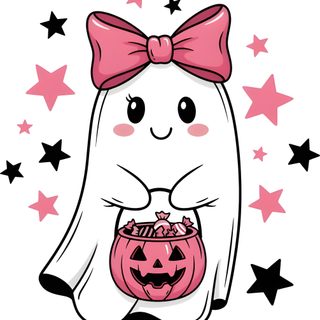 a cartoon ghost with a pumpkin bowl in its hand and stars around it, as well as the words happy halloween Happy Halloween Pink Free Svg Stickers, Cute Halloween Images, Halloween 3, Ghost Crafts, Ghost Cartoon, white
