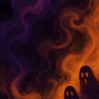 two ghost like figures in front of an orange and purple background with stars on it Purple And Orange Halloween Purple And Orange Halloween Aesthetic, Spooky Background, Halloween Backgrounds, black