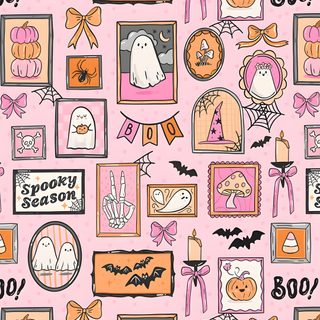 a halloween themed wallpaper with pictures and bats on it's pink back ground Pastel Halloween Phone Halloween Iphone Backgrounds, Halloween Cute, Fondos De Pantalla Para Samsung Galaxy, pink