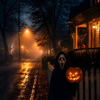 a person dressed as a ghost holding a pumpkin in front of a house at night Halloween Movie black
