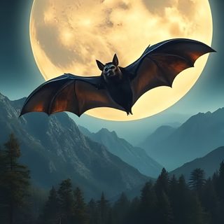 a bat flying in front of a full moon with mountains and trees behind it, Halloween Flying Monster Bat Photo, Scardey Bat, Bats Flying In The Night, dark slate gray