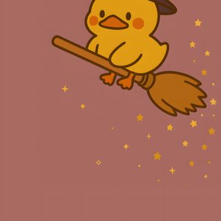 a little yellow bird with a witches hat and broom flying in the air over stars Cute Halloween Duck Halloween Duck Pfp, Cute Duck Christmas, Cute Christmas Duck, Cute Killer Duck, indian red