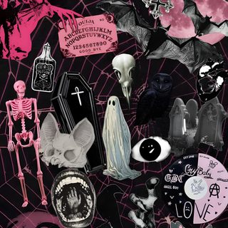a collage of halloween related items on a black background with pink and grey colors Cute Cute Edgy Aesthetic Halloween dark slate gray
