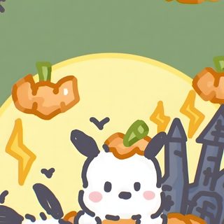 an image of some cartoon characters playing with pumpkins Pochacco Halloween Halloween, Snoopy, dark sea green