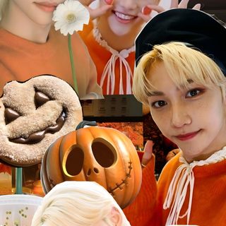 two girls in halloween costumes with pumpkins and jack - o'- lantern faces Felix Halloween Skz Thanksgiving, Skzoo Fall, Stray Kids Thanksgiving, Stray Kids Fall, peru
