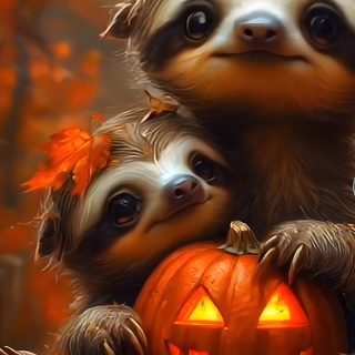 two sloths sitting on top of a carved pumpkin Halloween Sloth Thanksgiving Sloth, Fall Sloth, Halloween Animal Pictures, Halloween Sloth, saddle brown