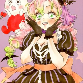 a drawing of a girl with pink hair and green eyes wearing a black and white striped dress Mitsuri Halloween Mitsuri Halloween Pfp, Halloween Mitsuri Pfp, Mitsuri Halloween, silver