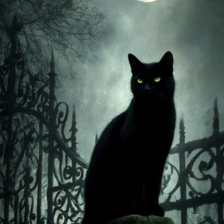 a black cat sitting on top of a stone pillar in front of a fence with a full moon behind it Black Cat Halloween Spooky Cat Background, Black Cat Halloween Spooky, Halloween Black Cats, dark slate gray