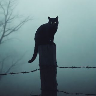 a black cat sitting on top of a wooden post in the foggy woods, Creepy Black Cat Halloween Witchy Vibes, Cat In Fog, Black Cat Aesthetic, slate gray