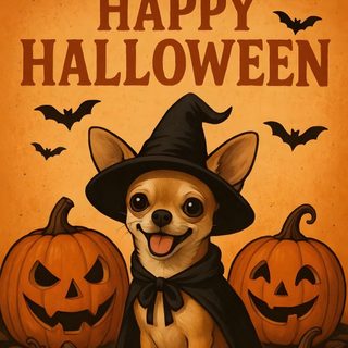 a dog wearing a witches hat and sitting in front of pumpkins with the words happy halloween Halloween Chihuahua Chihuahua Jack O Lantern, Witchy Vibes, Dia De Los Muertos, chocolate