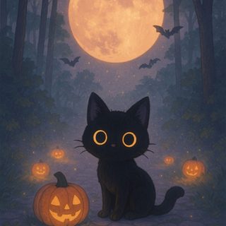a black cat sitting in front of a full moon with pumpkins on the ground Cute Halloween Black Cat Cute Halloween Cat Background, Cute Halloween Black Cat, Halloween Cat Background, dark slate gray