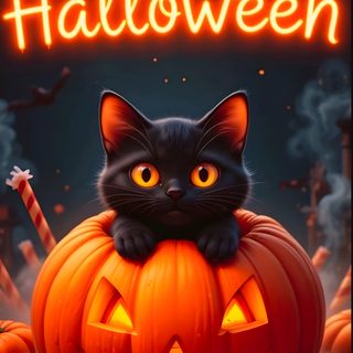 a black cat sitting on top of a pumpkin with the words happy halloween written above it Happy Halloween Spirit Halloween Happy Halloween Images, Happy Halloween Pictures, Halloween Cute, saddle brown