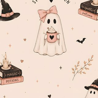 a halloween themed wallpaper with pumpkins, books and other items in the background Pastel Pastel Aesthetic Halloween antique white