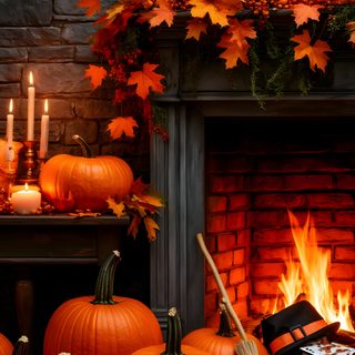 a fireplace decorated for halloween with pumpkins and candles Halloween Fireplace Halloween, Color, maroon