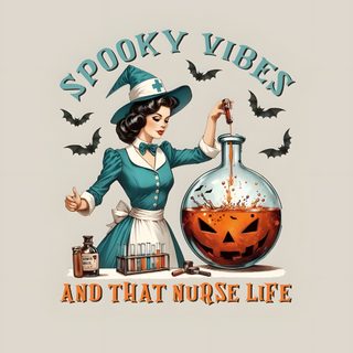 a woman in a witch costume is holding a flask with booze on it and the words spooky viress and that nurse life Halloween Nurse Funny Halloween Greeting Cards, Halloween Nurse Illustration, Halloween Party Decor Ideas, light gray