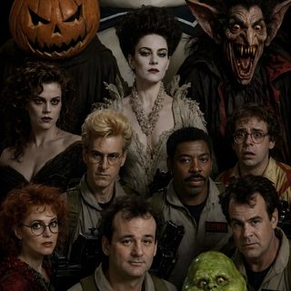 a group of people standing next to each other in front of a ghost and pumpkin Ghostbusters Halloween Ghostbusters 1, Ghostbusters Movie, Harry Potter Cartoon, Horror Monsters, black