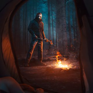a man standing next to a campfire in the woods at night with a flashlight Camp Crystal Lake Halloween Friday The 13th Jason, Jason Voorhees Halloween, Michael Myers Jason Voorhees, black