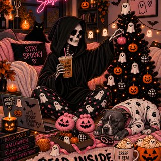 a painting of a skeleton sitting on a bed with halloween decorations and candles around it Halloween Is A Lifestyle Not A Holiday maroon