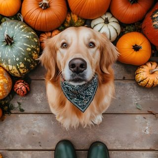 a golden retriever dog wearing a bandana standing in front of pumpkins and gourds Golden Retriever Halloween Autumn Dog Photoshoot, Fall Pet Photoshoot Ideas, Dog Holiday Photoshoot, sienna
