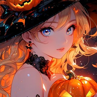 a girl wearing a witches hat holding a pumpkin in front of a full moon background Anime Halloween Halloween Dp, Halloween Profile Pics Anime, Halloween Pfp Witch, sienna