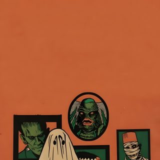an orange wall with pictures on it and a ghost in the corner Halloween Comic sienna