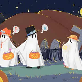 three halloween ghostes with pumpkins in front of a cemetery One Piece Halloween 4k One Piece Landscape Laptop, One Piece Fall, One Piece Luffy Halloween, dark olive green