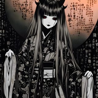 an anime character with long hair and horns on her head standing in front of a full moon Japanese Halloween Japanese Gothic Aesthetic, Gothic Japanese Aesthetic, Gothic Japan, dark slate gray