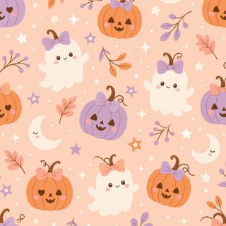 a pattern with pumpkins, cats and stars on a pink background that is seamless Pastel Halloween Medium-pumpkin Patch Ghost Party, Ghost, Pastel, peach puff