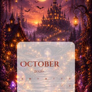 Halloween-inspired October 2026 phone calendar wallpaper featuring glowing pumpkins, bats, lanterns, a fantasy castle, and an orange moon in a magical autumn landscape. Halloween Calendar Calendar Background, Hello July, Hello August, Hello November, Glow Pumpkin, saddle brown