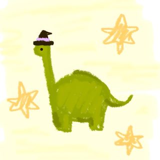 a drawing of a green dinosaur with stars in the background and a hat on its head Halloween Dinosaur Aesthetic Dinosaur With Witch Hat Illustration, Diy Halloween Decorations, Green Dinosaur Cartoon, light yellow