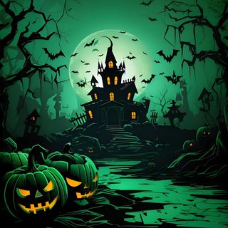 halloween pumpkins on the ground in front of a creepy house Green Halloween Halloween Dark Green Background, Black And Green Halloween, Green Background Spooky Art,