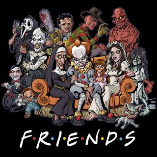a group of cartoon characters sitting on top of a couch with the words friends written below them Halloween Horror Friends Friends Horror, All Horror Movie Characters Together, Horror Characters All Together, black