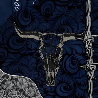a cow skull on a blue and white background with intricate designs in the corner, Aesthetic Western Halloween Western Iphone, Barrel Racer, Cute Images For, Cute Images, Phone Themes, black